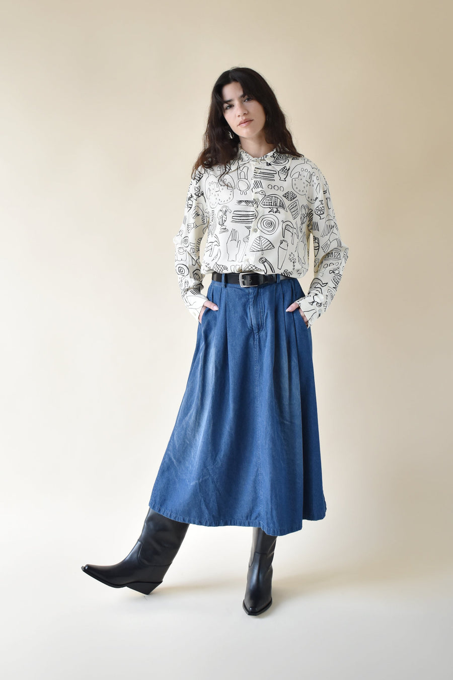 Denim Tailored Midi Skirt